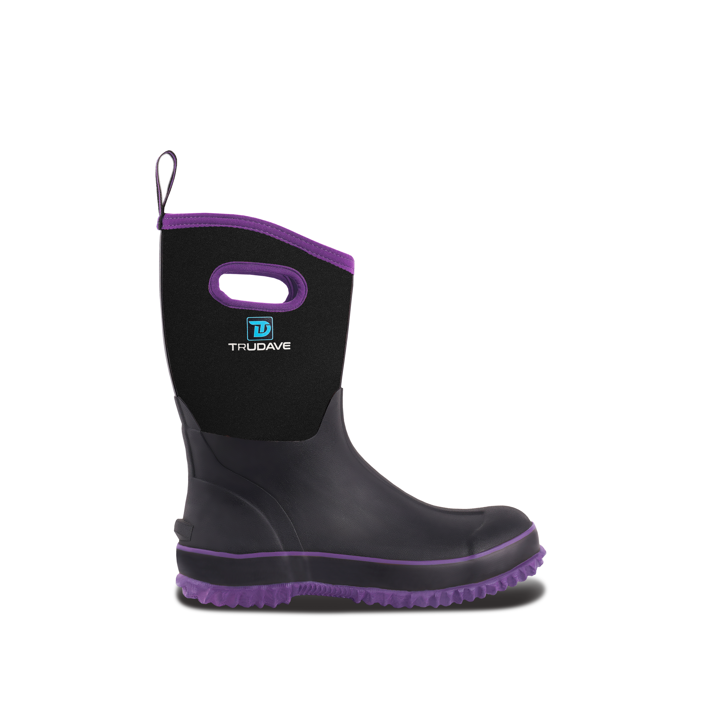 Side view of Trudave BloomBoot Series women’s mid-calf waterproof neoprene garden rain boots in black with purple trim showing durable rubber design and stylish waterproof construction